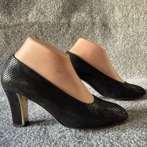 VTG St. John Black Textured Leather Upper Slip-On Block Heel Square Toe Pump 7B